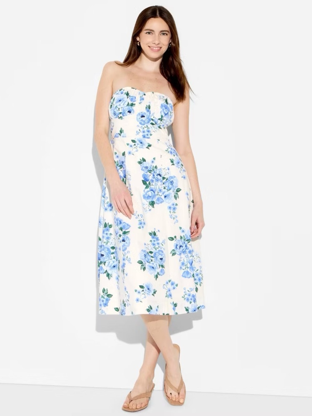 Tahari Strapless Floral Maxi Dress - White & Blue